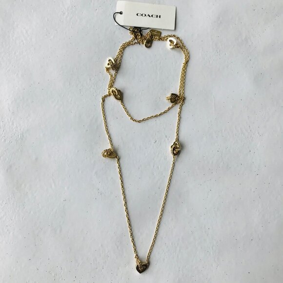 COACH HEART  SIGNATURE LONG STATION NECKLACE IN GOLD TONE 34" and Storag Bag - Picture 1 of 13